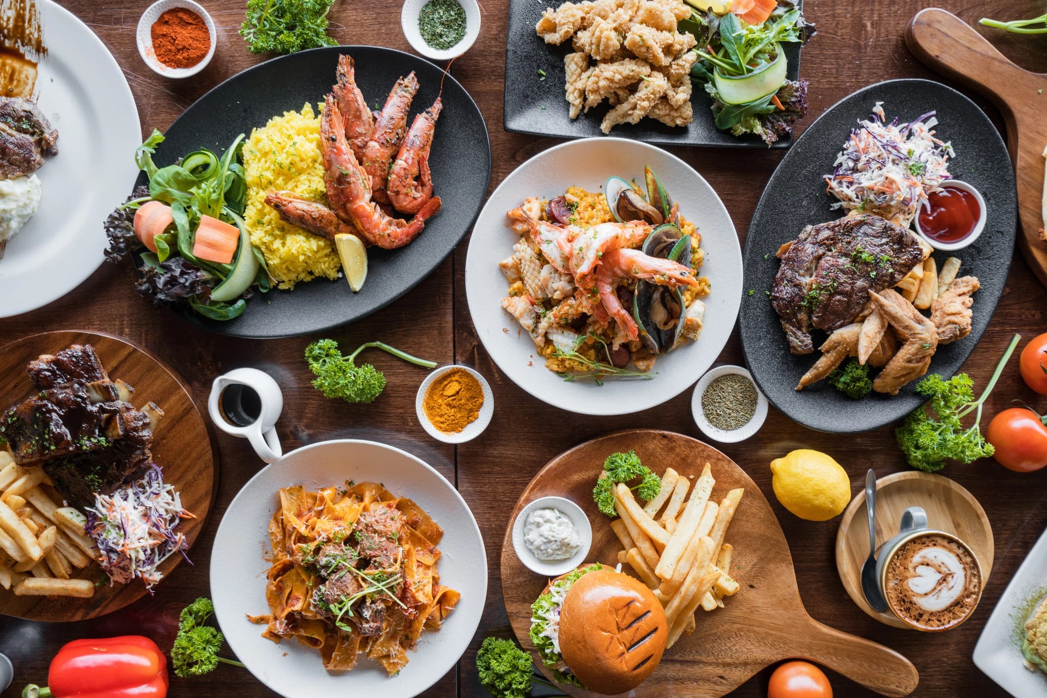 table with various food dishes